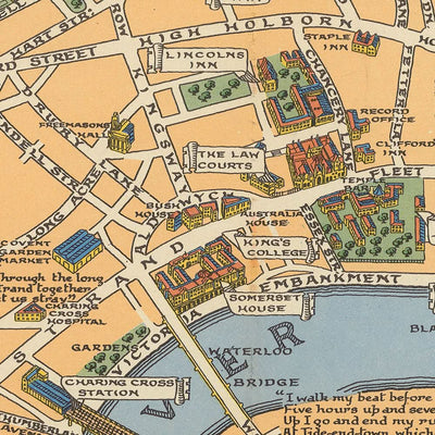 Alte historische Karte von London von Bullock, 1938: Tower of London, St. Paul's, Westminster, Hyde Park, Themse 