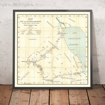 German Traveler’s Map of Arabia by Raunkiaer, 1912: Riyadh, Kuwait, Persian Gulf, Caravan Routes, Deserts