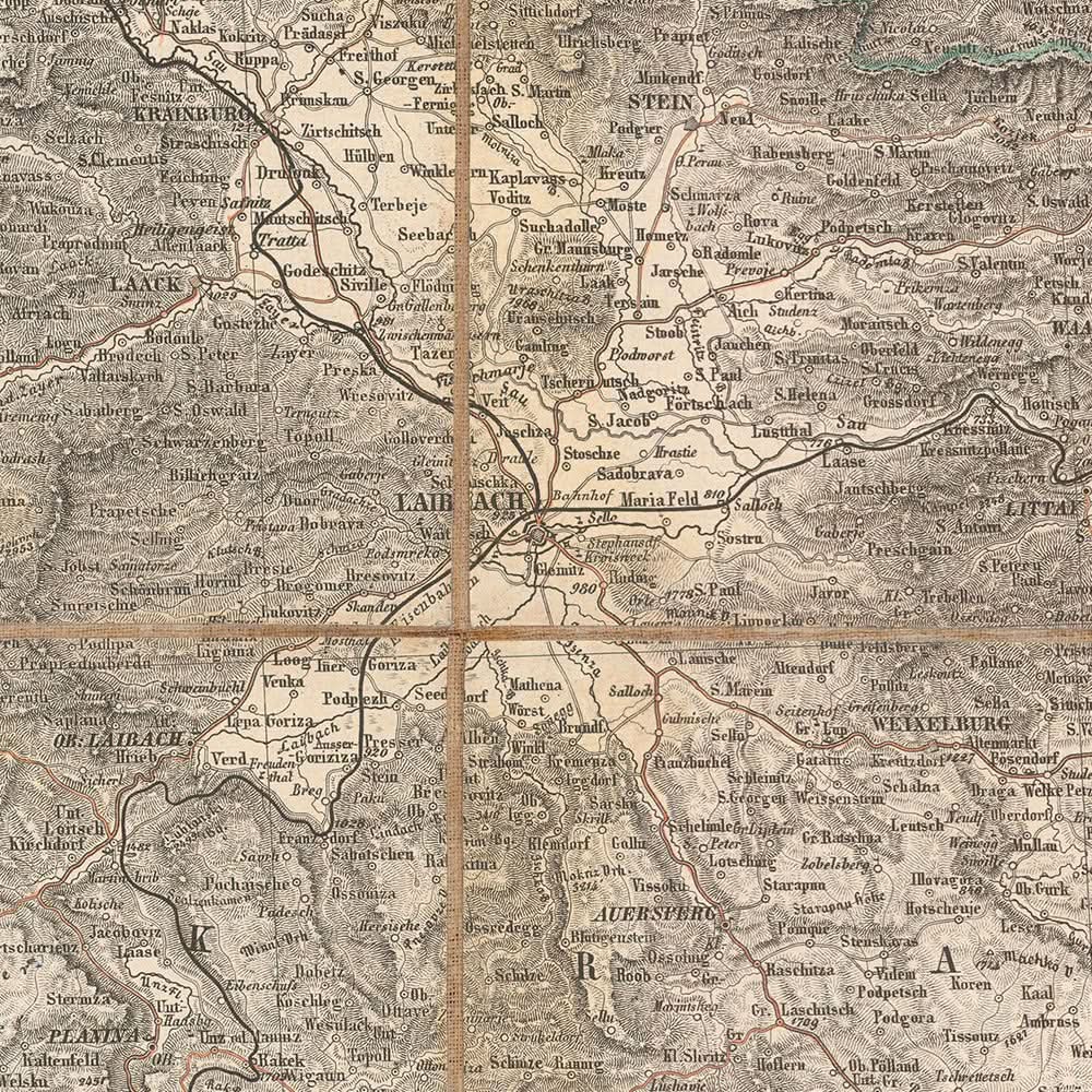 Mapa antiguo de los Alpes Orientales y Julianos por Mayr, 1874: Trieste, Eslovenia, Croacia, Mar Adriático 