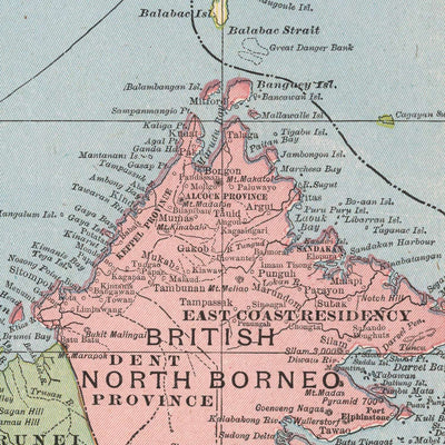 Old Colonial Map of Borneo by Cram, 1901: British North Borneo, Sarawak, Dutch Borders, Kuching, Sandakan