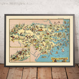 Old Pictorial Map of North Carolina by Ruth Taylor White, 1935: Charlotte, Raleigh, Appalachian Mountains, Outer Banks, Textile Mills