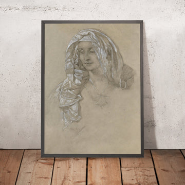 A framed image of Woman with Headscarf and Star Medallion by Alphonse Mucha, 1860