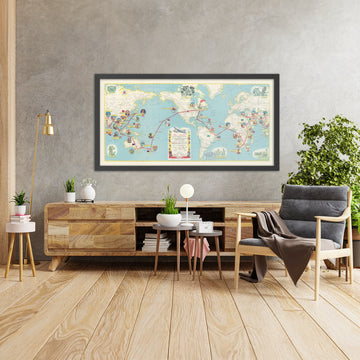 Old Pictorial Map of Atlas Sky Merchant Round-the-World Flight (DC-4), 1948: Honolulu, Canton Is., Tokyo, Cairo, Sydney
