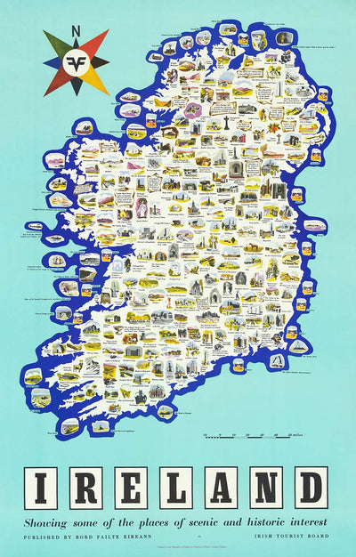 Antigua Mapa Pictórico de Irlanda, 1958: Dublín, Acantilados de Moher, Calzada del Gigante, Río Shannon, Castillo de Blarney 