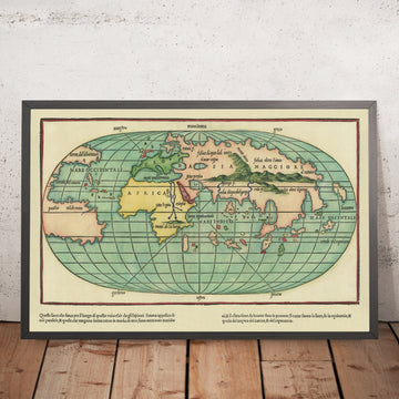 Old Map of the World by Bordone, 1528: early naming of America; first in an isolario; second-earliest oval projection