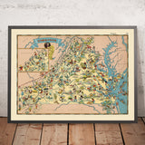 Carte picturale de la Virginie par Ruth Taylor White, 1935 : Richmond, Norfolk, baie de Chesapeake, montagnes Blue Ridge, Jamestown 