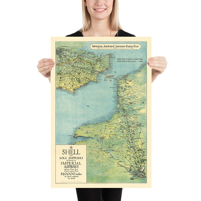 Old Route Map of London to Paris by Air, 1928: Imperial Airways, Croydon, Handley Page Biplane