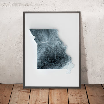 Une image encadrée d’une carte topographique en relief de style 3D du Missouri