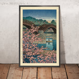 Soirée de printemps, fleurs de cerisier au pont Kintai par Hasui Kawase 1935 