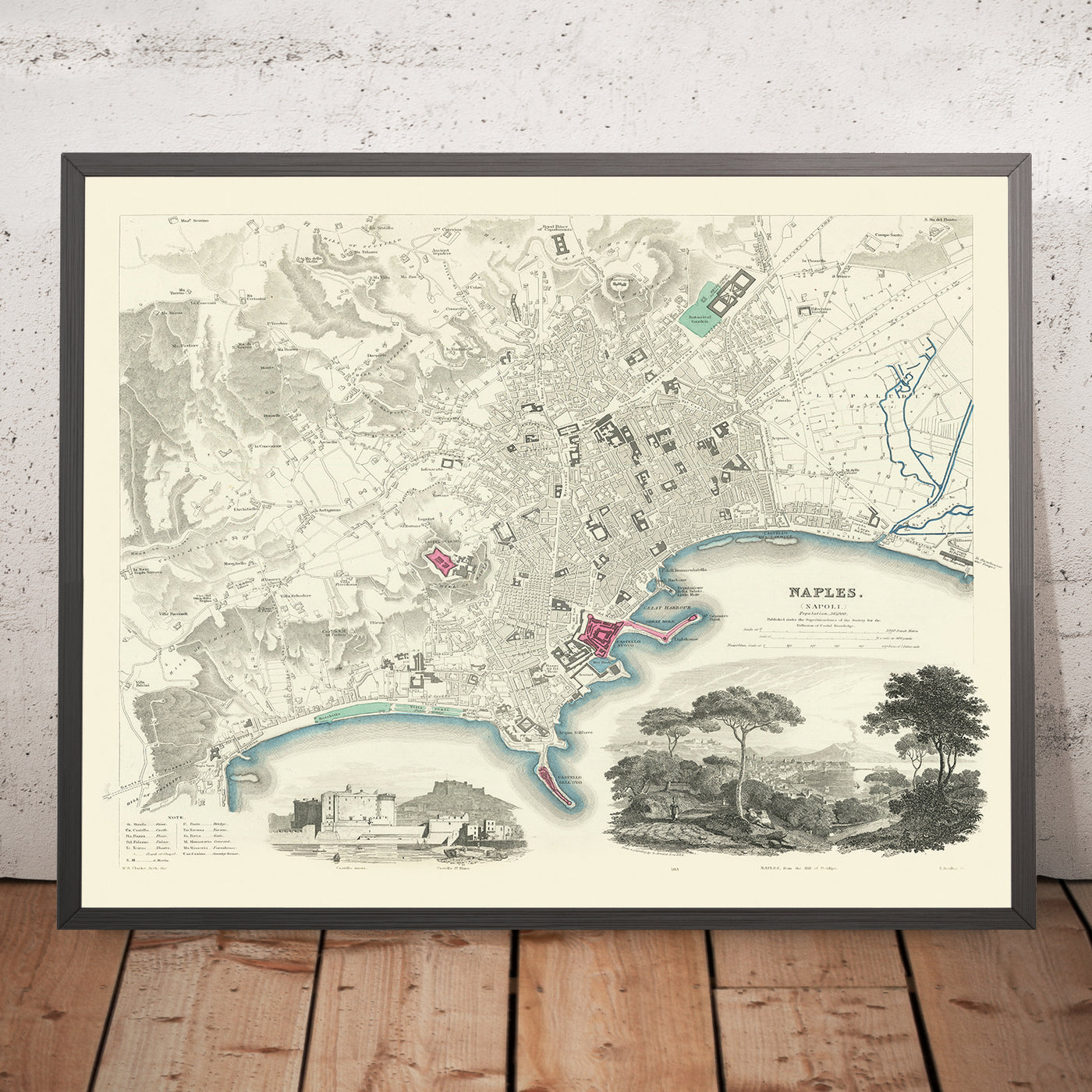 Old Map of Naples by SDUK, 1835: Castello Nuovo, St. Elmo, Posilipo, Toledo, Great Harbour