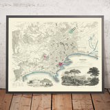 Mapa antiguo de Nápoles por SDUK, 1835: Castello Nuovo, St. Elmo, Posilipo, Toledo, Gran Puerto 