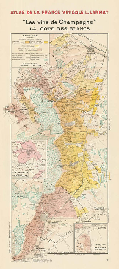 Ancienne carte des vins de la Côte des Blancs par Larmat, 1944 : Champagne, Vignobles, Qualité des raisins, Villes 