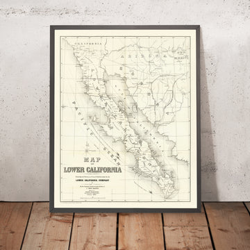 Antica mappa della penisola della Baja California, Messico, di Browne, 1868: Ensenada, La Paz, San Felipe, San Quintin, Mar di Cortés 