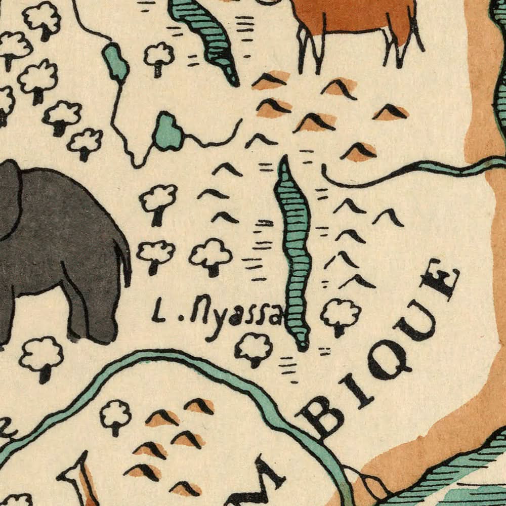 Old Map of South Africa by Mazuyer, 1931: Pictorial Style, Native Wildlife, Decorative Compass