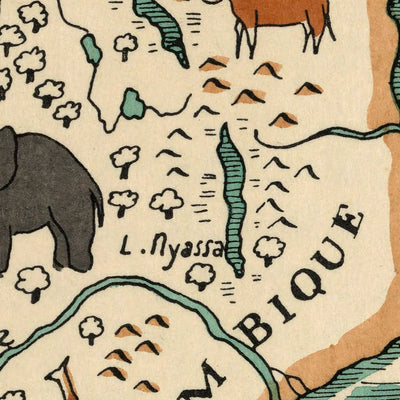 Old Map of South Africa by Mazuyer, 1931: Pictorial Style, Native Wildlife, Decorative Compass