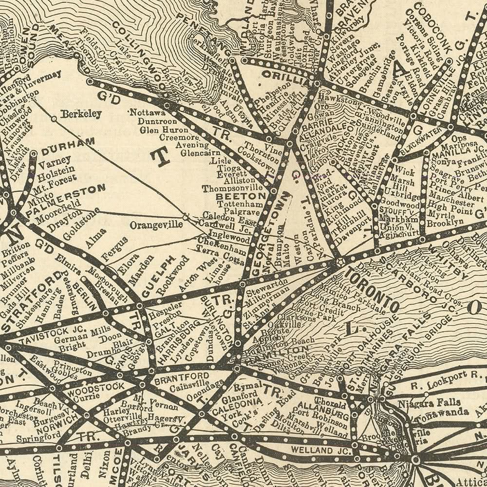 Old Map of the Grand Trunk Railway, 1898: Toronto, Chicago, Niagara Falls, Ontario, Quebec