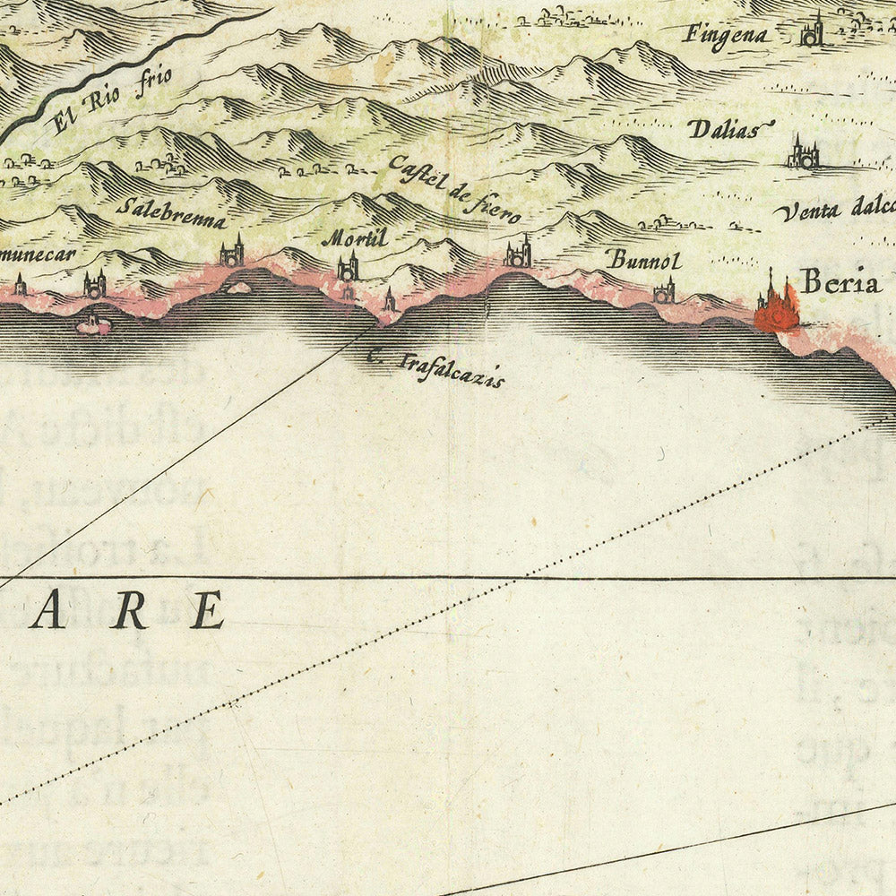 Old Map of Southern Spain by Blaeu, 1640: Granada, Murcia, Malaga, Naval Battle