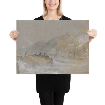 Foul von Gott: Flusslandschaft mit Anglern, die von einem Wehr fischen, von Turner, 1830 