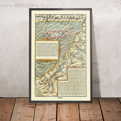 Old Map of Cyprus & Holy Land by Münster, 1554: Jerusalem, Mount Sinai, Medina, Taurus Mts