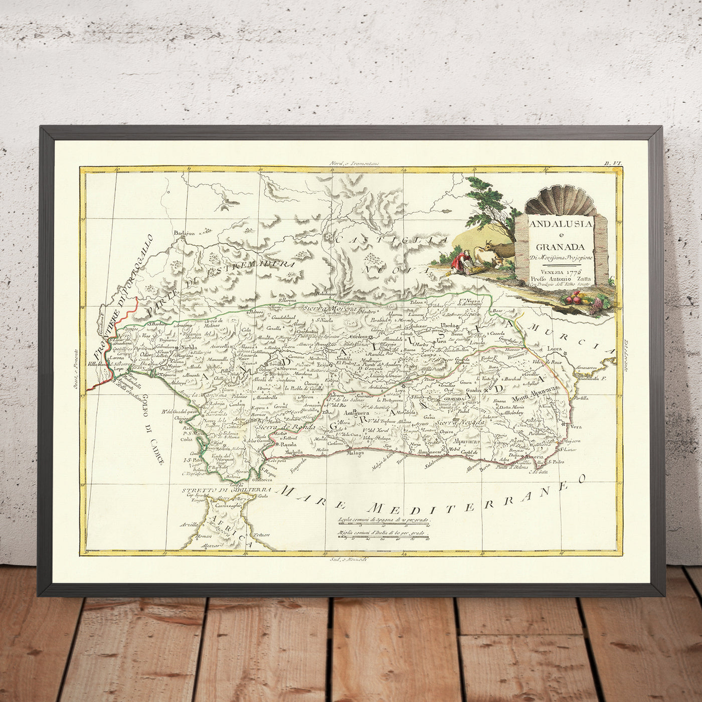 Old Map of Andalusia & Granada by Zatta, 1776: Seville, Malaga, Gibraltar, Cadiz