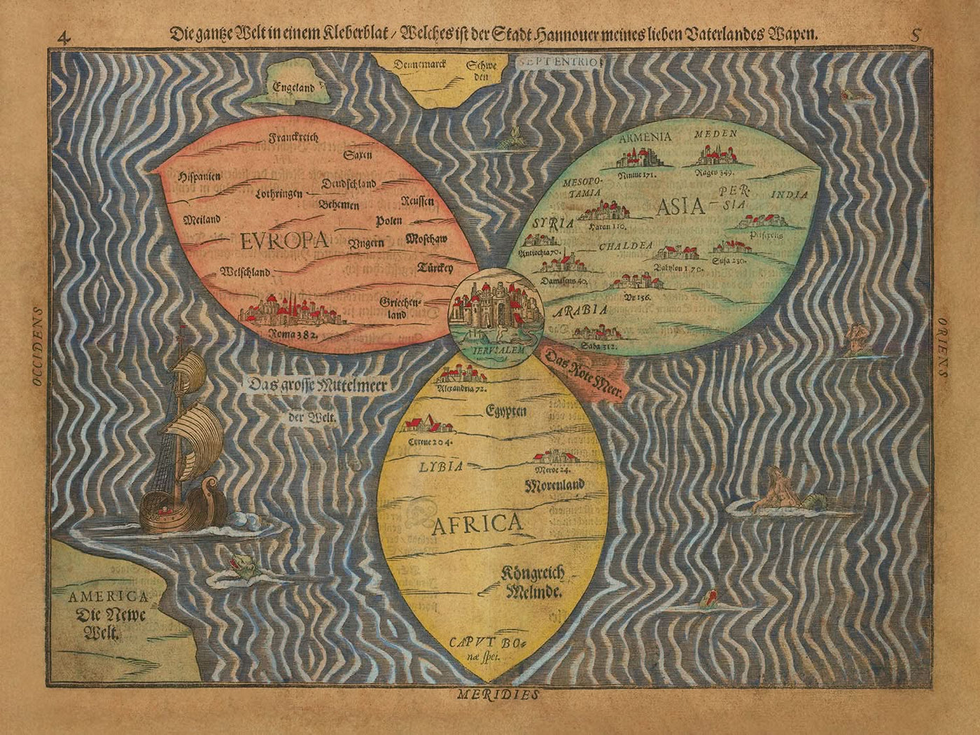Ancienne carte du monde Cloverleaf avec Jérusalem au centre par Bunting, 1582 
