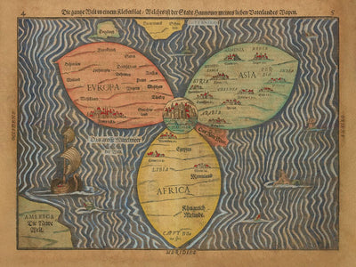 Ancienne carte du monde Cloverleaf avec Jérusalem au centre par Bunting, 1582 