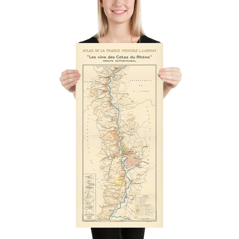Ancienne carte des vins des Côtes du Rhône par Larmat, 1944 : cépages, villes 