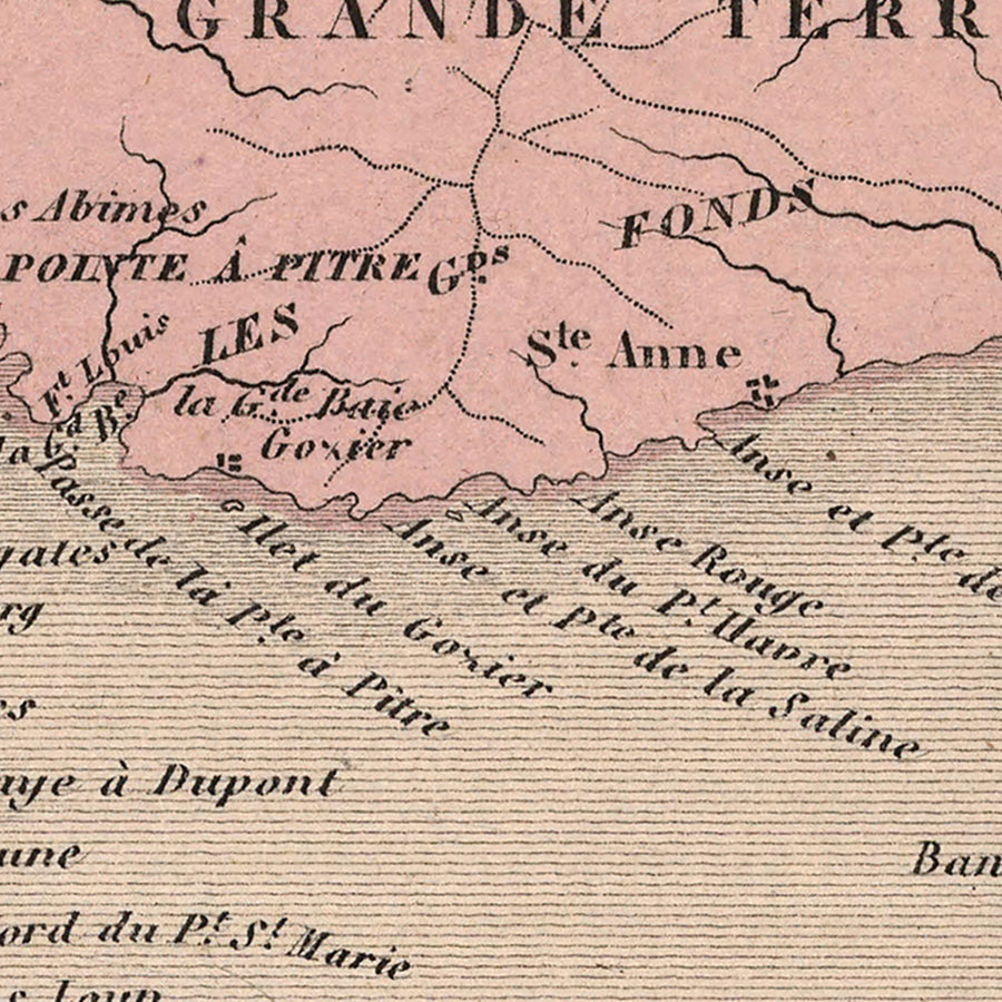 Antica mappa della Guadalupa di Vuillemin, 1869: Pointe-à-Pitre, Basse-Terre, Grande-Terre, Marie-Galante, canna da zucchero 