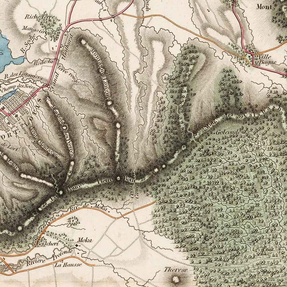 Antigua mapa raro de Mauricio por Fraser, 1835: Puerto Luis, Mahébourg, montañas 