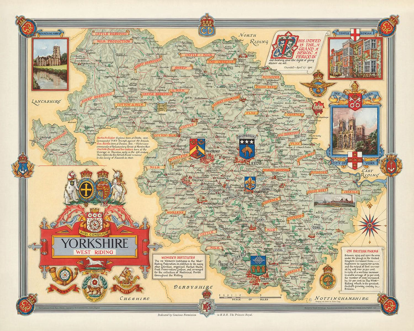 Old Pictorial Map of West Riding of Yorkshire by Clegg, 1946: Leeds, Bradford, Rivers, Churchill Quotes, Coats of Arms