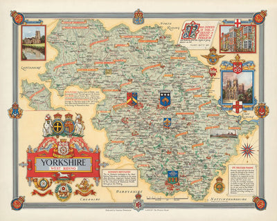 Old Pictorial Map of West Riding of Yorkshire by Clegg, 1946: Leeds, Bradford, Rivers, Churchill Quotes, Coats of Arms