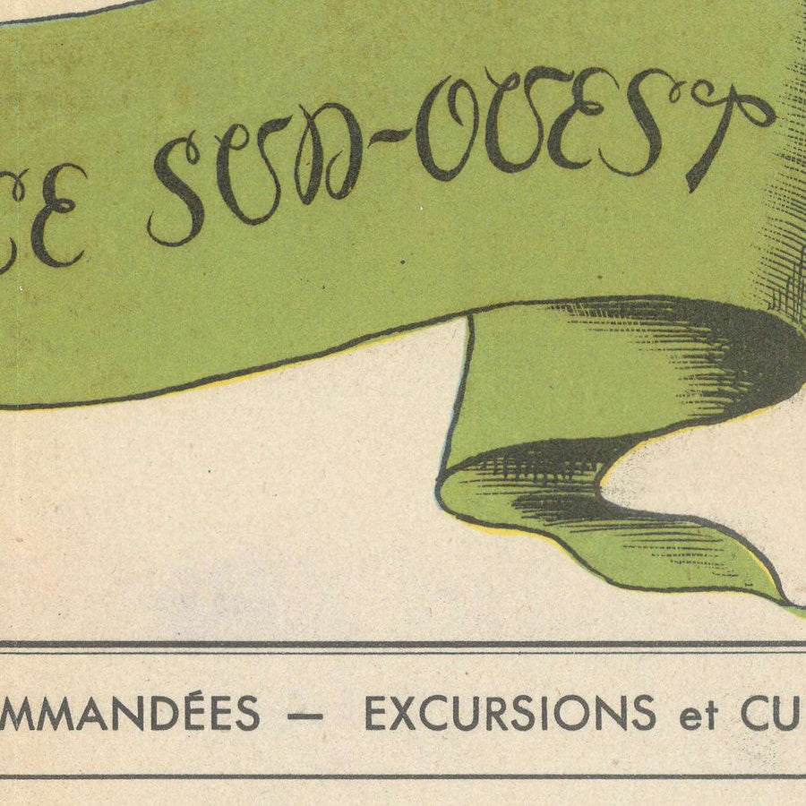 Mappa Pittorica del Sud-Ovest della Francia di Flornoy Jean, 1950: Tolosa, Bordeaux, Pirenei, Fiume Garonna, Cammino di Santiago 