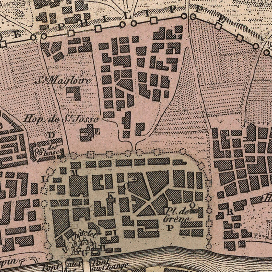 Mappa antica di Parigi medievale di Vuillemin, 1869: Notre-Dame, Île de la Cité, Senna, Louvre, Mura della città 