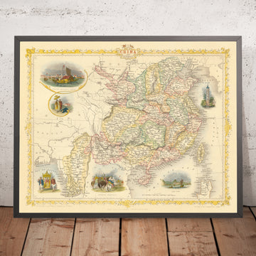 Mapa antiguo de China y Birmania de Tallis, 1851: Taiwán, Myanmar, Hong Kong, Gran Muralla, Cantón, Yangtsé, Lhasa 