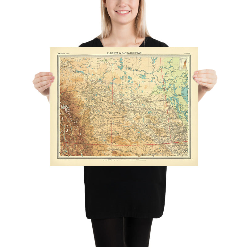 Ancienne carte de l'Alberta et de la Saskatchewan par Bartholomew, 1922 : Calgary, Edmonton, Rocheuses 