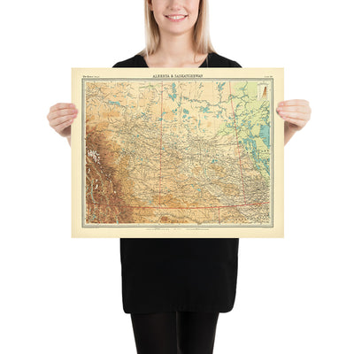 Ancienne carte de l'Alberta et de la Saskatchewan par Bartholomew, 1922 : Calgary, Edmonton, Rocheuses 