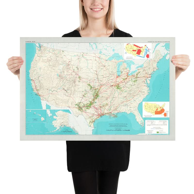 Carte des anciennes infrastructures pétrolières des États-Unis, 1966 : Pipelines, Raffineries, Topographie, Flux de pétrole 