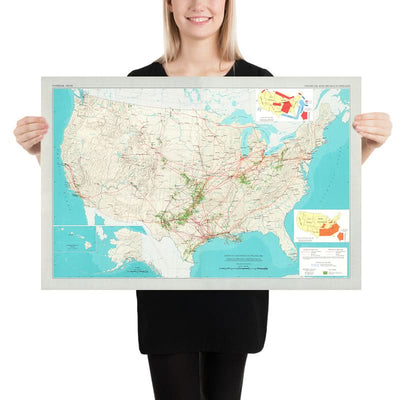 Carte des anciennes infrastructures pétrolières des États-Unis, 1966 : Pipelines, Raffineries, Topographie, Flux de pétrole 