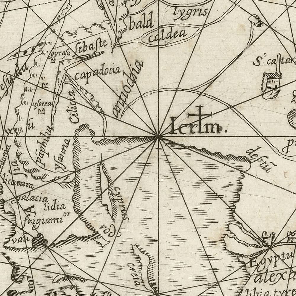 Carte du monde médiévale centrée sur Jérusalem par Vesconte, 1611 : Mappa Mundi Portolan 