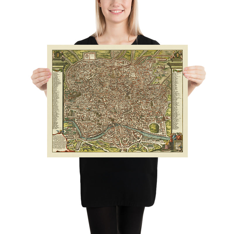 Old Pictorial Map of Ancient Rome, 1696: Tiber River, Colosseum, Circus Maximus, Pantheon, Roman Forum