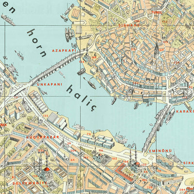 Große alte Karte von Istanbul von Özden, 1966: Vogelperspektive, Hagia Sophia, Topkapi, Blaue Moschee, Bosporus 