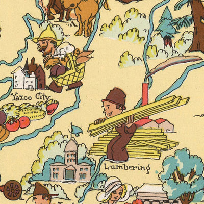 Pictorial Map of Mississippi by Ruth Taylor White, 1935: Jackson, Gulfport, Mississippi River, Cotton Fields, Riverboats