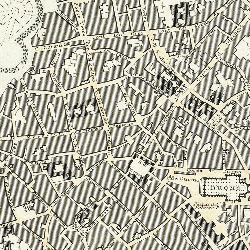Old Map of Milan, 1832: Duomo, Sforza Castle, Piazza d'Armi, Royal Palace, Lazzaretto