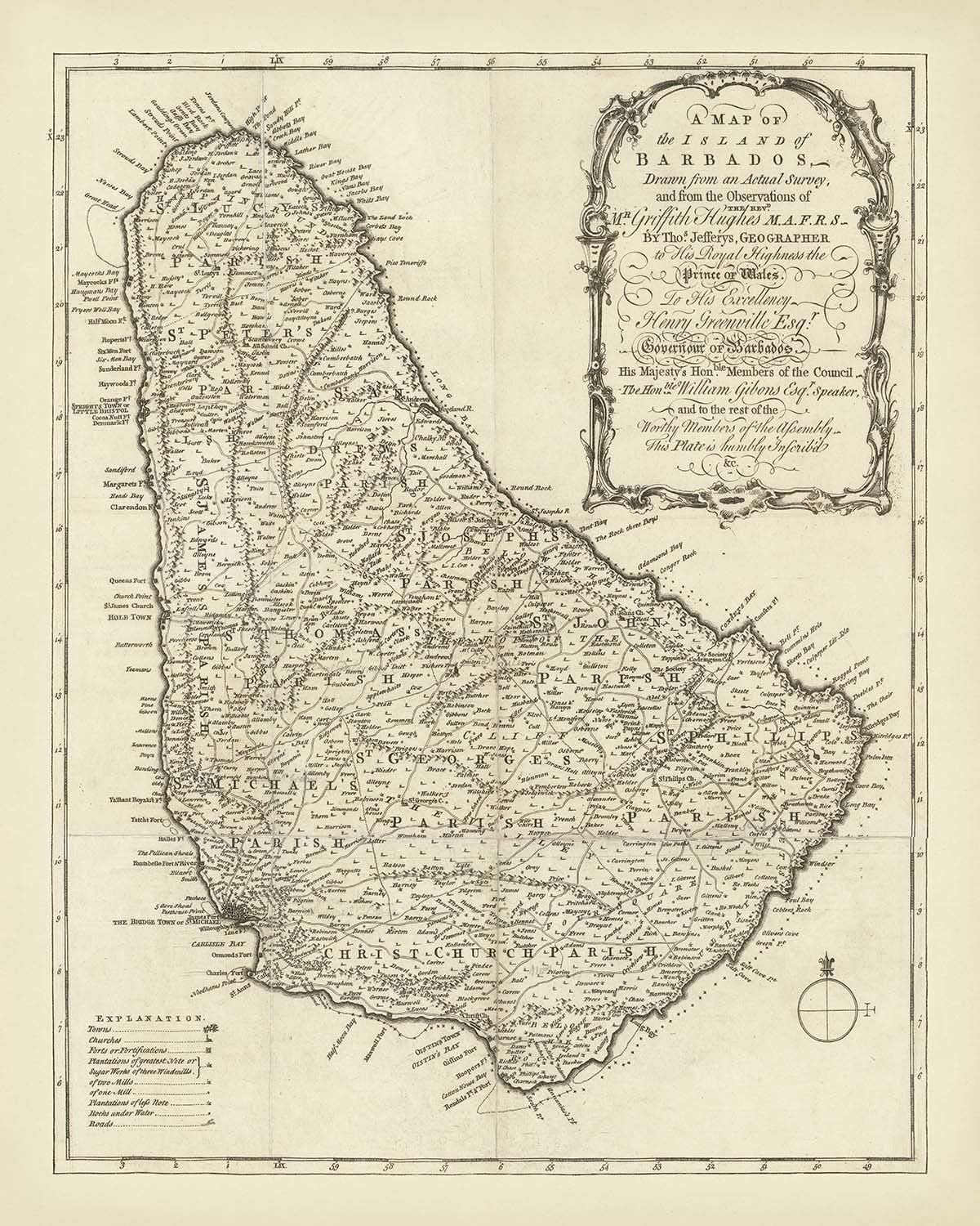 Alte Karte von Barbados von Jefferys, 1750: Pfarreien, Zuckermühlen, Kirchen, Flüsse, Festungen 