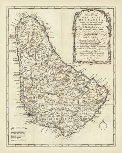 Alte Karte von Barbados von Jefferys, 1750: Pfarreien, Zuckermühlen, Kirchen, Flüsse, Festungen 
