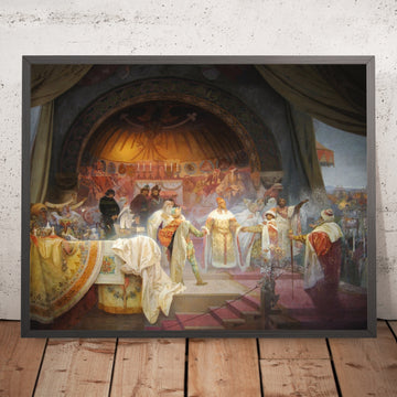 A framed image of The Bohemian King Přemysl Otakar II: The Union of the Slavic Dynasties by Alphonse Mucha, 1912