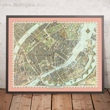 Ancienne carte à vol d’oiseau de Copenhague par Bollmann, 1972 : Nyhavn, Tivoli, Amalienborg, Rosenborg, la Petite Sirène 