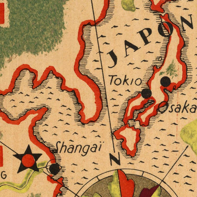 Alter bildlicher Stadtplan von China von Mazuyer, 1931: Shanghai, Drachen, Golf von Bengalen, Indochina 