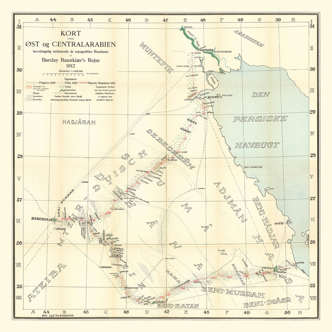 Mapa del Viajero Alemán de Arabia por Raunkiaer, 1912: Riad, Kuwait, Golfo Pérsico, Rutas de Caravanas, Desiertos 