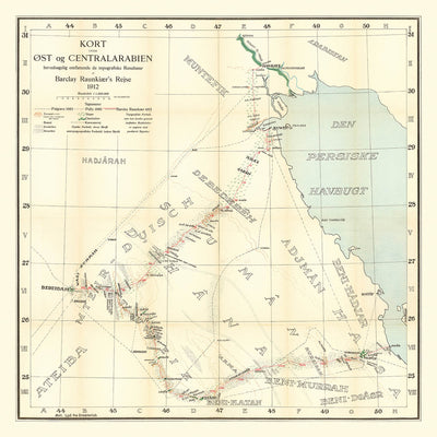 Mapa del Viajero Alemán de Arabia por Raunkiaer, 1912: Riad, Kuwait, Golfo Pérsico, Rutas de Caravanas, Desiertos 